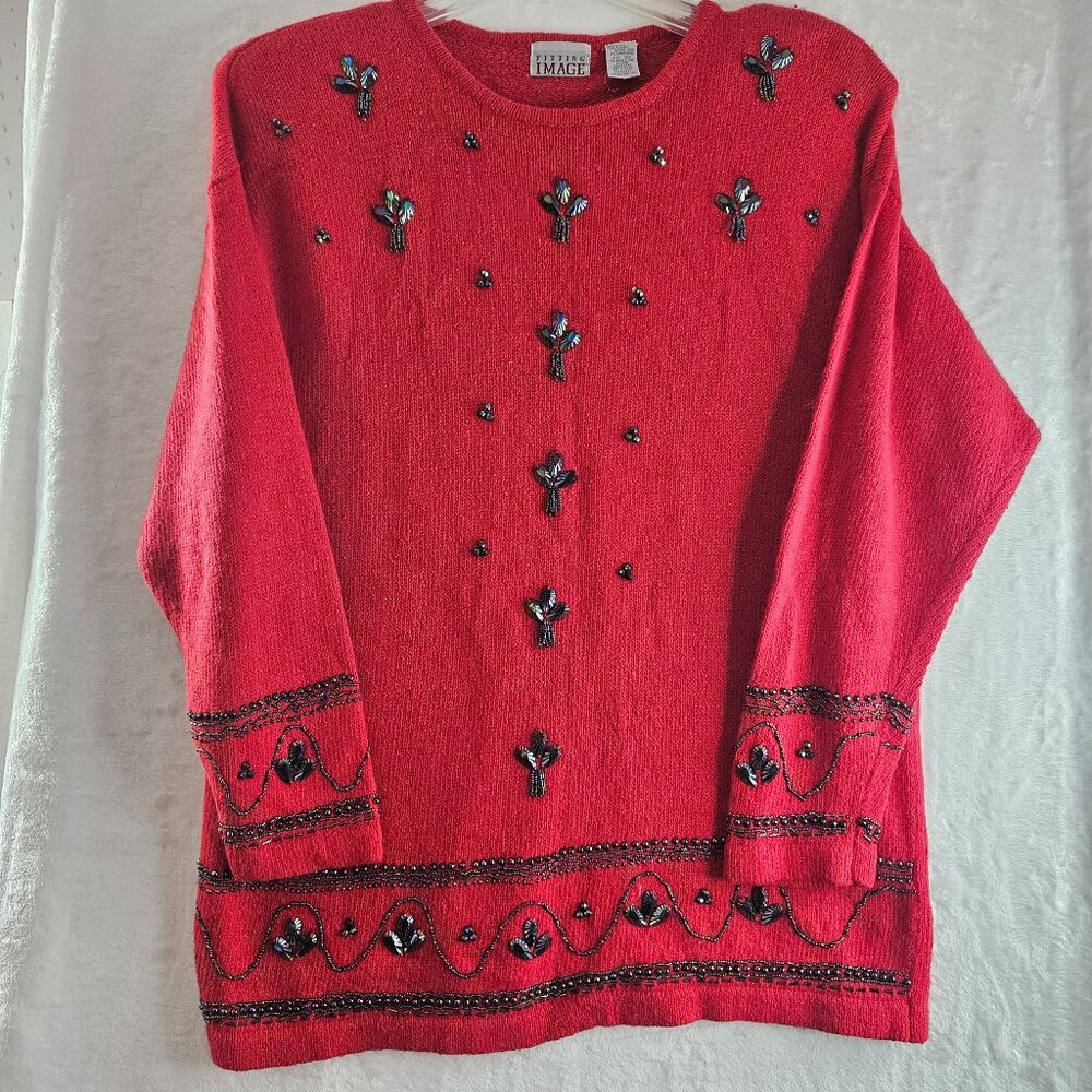 Fitting Image Women Sweater Size 3x Silk Nylon Angora Lambswool Red Knit Beaded